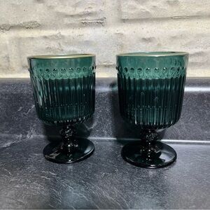 Vintage Teal/Green Wine Goblet Glasses Bar Glasses Ribbed Gold Trim Set Of 2